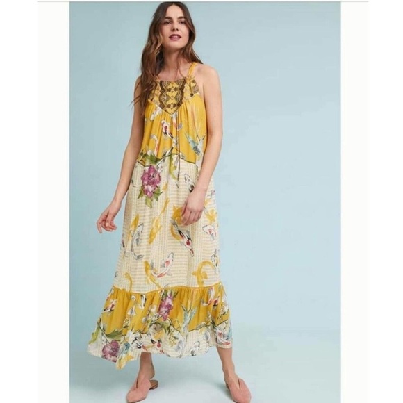 Anthropologie | One September Yellow Paradiso Koi Fish Maxi Dress Size Small - Picture 2 of 15